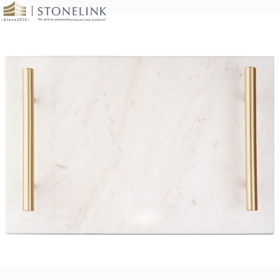 Brass handle rectangular Bianco white marble tray