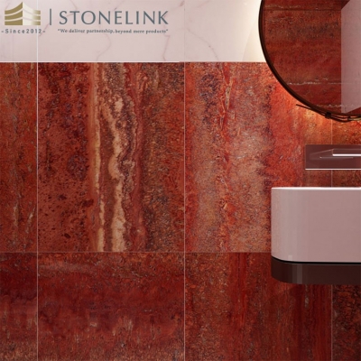 Red travertine slab